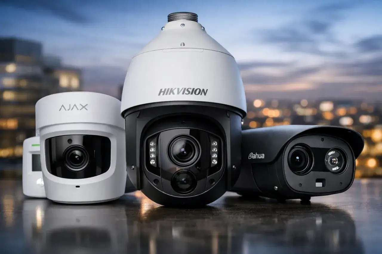 Trois caméras de surveillance, dont une Dahua, sont alignées sur un fond urbain nocturne.
