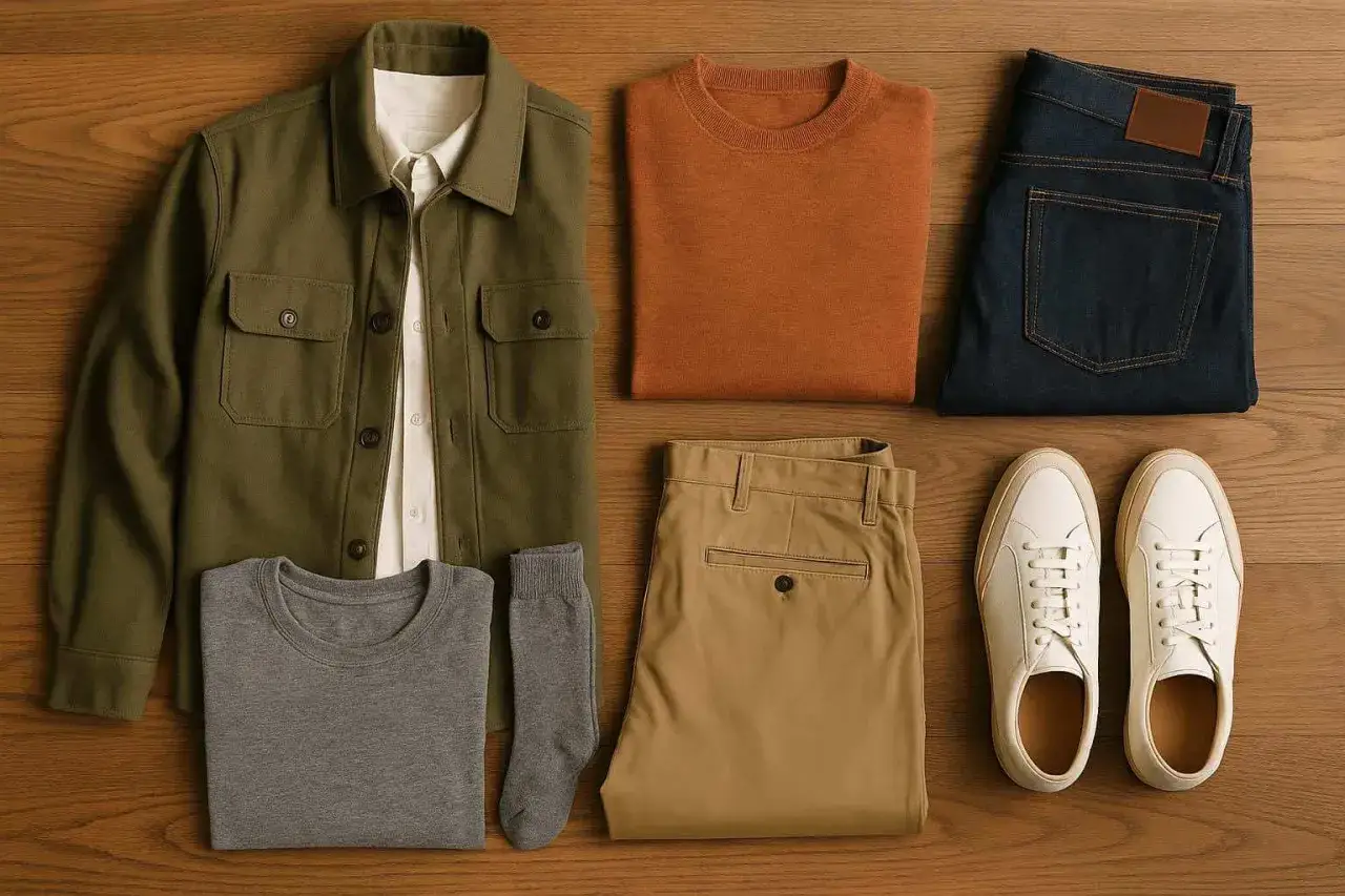Ein Outfit im Stil von Slow Fashion: gr&uuml;ne Jacke, wei&szlig;es Hemd, graues Shirt, brauner Pullover, Khaki-Hose, Jeans, Socken und wei&szlig;e Sneaker.
