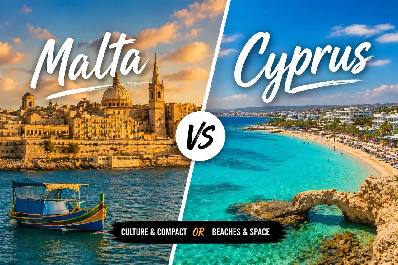 Malta kontra Cypr: zabytkowa architektura i łódź na wodzie po lewej, a po prawej piaszczysta plaża z turkusową wodą.