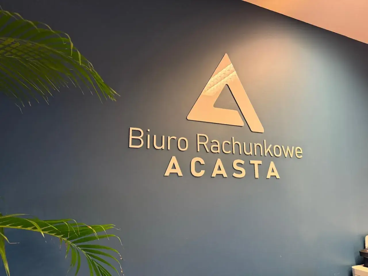 Biuro Rachunkowe ACASTA oferuje kompleksową obsługę kadr i płac. Logo firmy na granatowej ścianie.