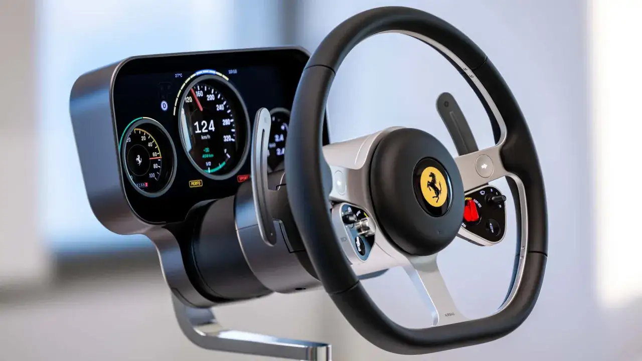 Wnętrze Ferrari, kokpit, kierownica Manettino