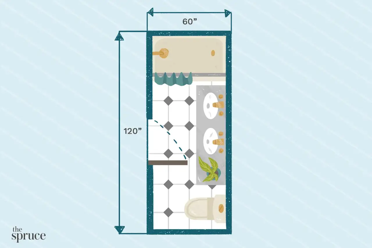 Plan salle de bain rectangulaire 60x120 pouces. Vue de dessus montrant baignoire, double vasque, toilettes et &eacute;tag&egrave;re.