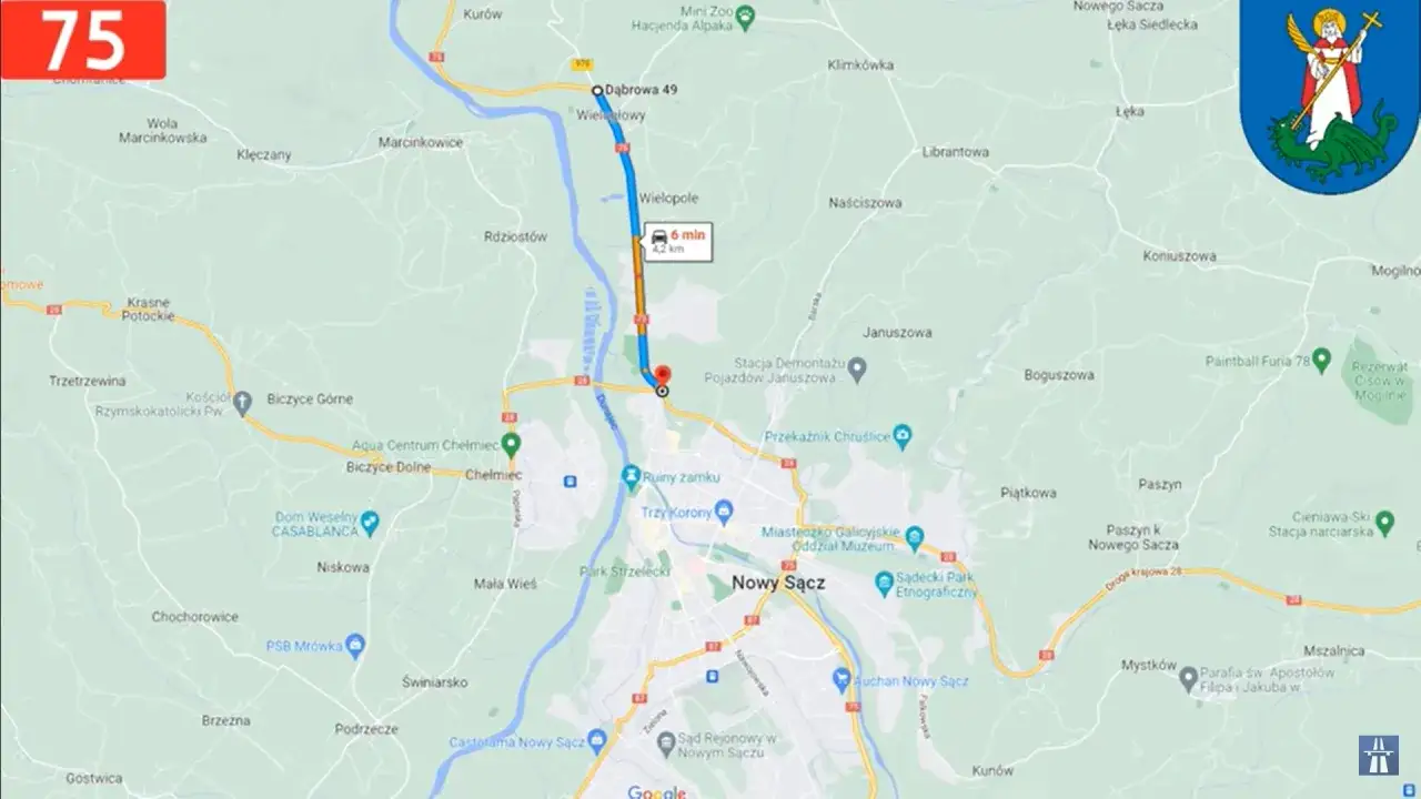 Trasa na mapie pokazuje drogę krajową 75 z zaznaczonym przejazdem przez Nowy Sącz.