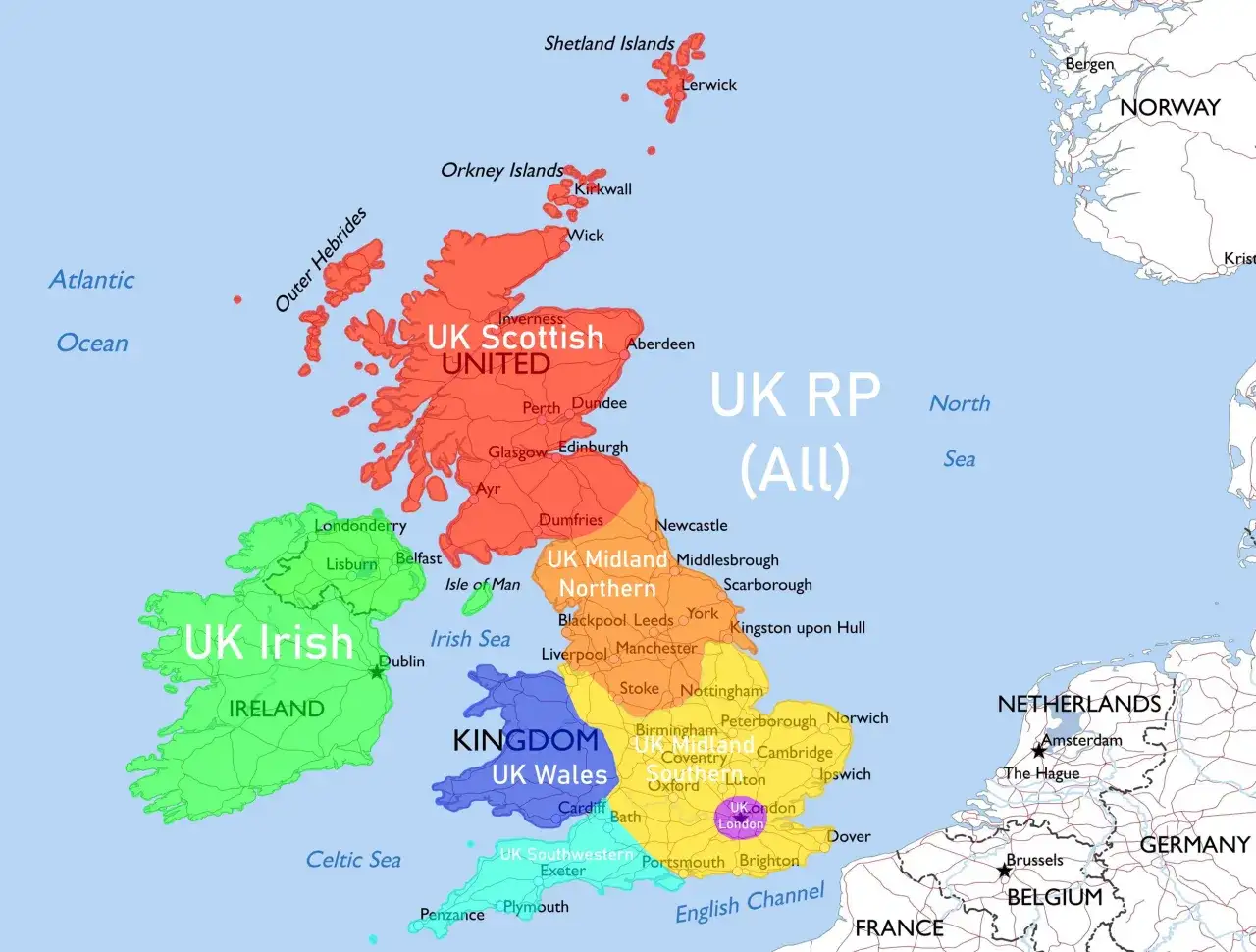 Mappa del Regno Unito divisa per accenti, utile per chi studia il film in inglese britannico.