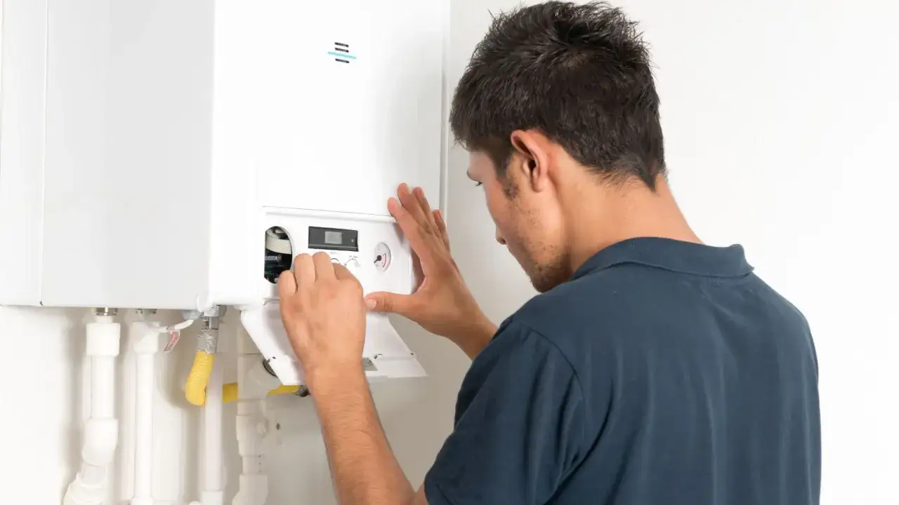 Tecnico effettua il collaudo caldaia nuova, regolando i comandi per un funzionamento ottimale.