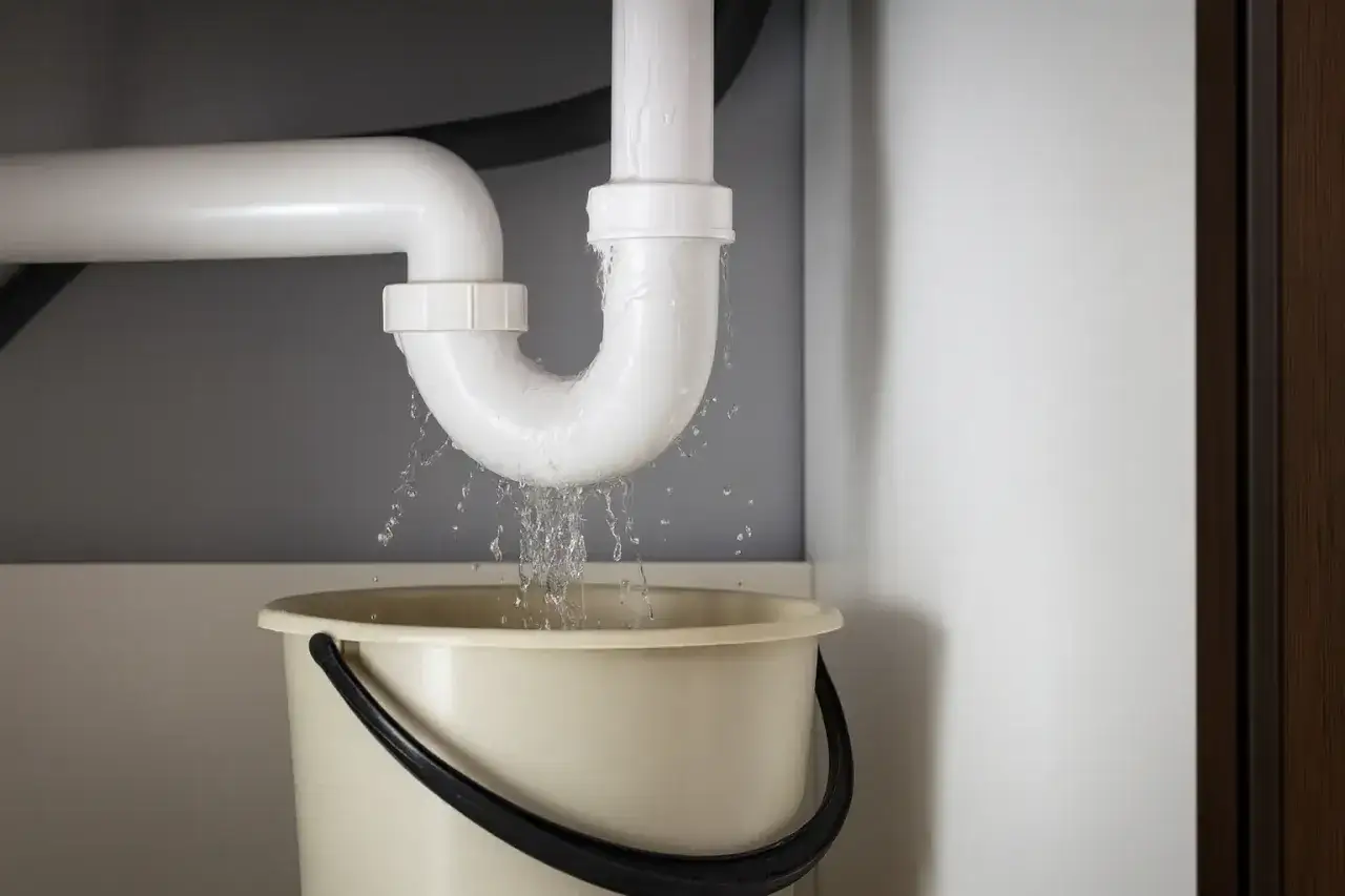 Wasser tropft aus einem undichten Siphon in einen Eimer.