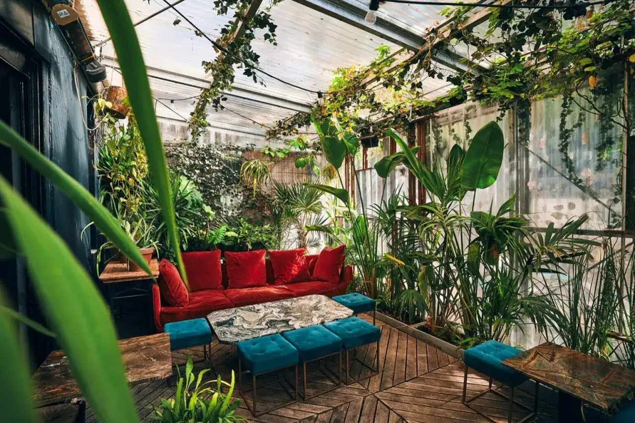 Un salon de jardin luxuriant, avec un canapé rouge vif et des poufs bleus, évoque le charme du renard bar.