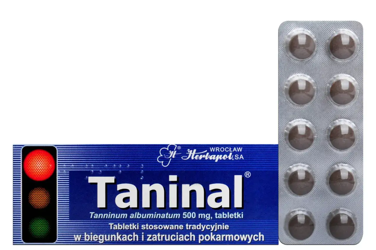 Opakowanie leku Taninal z tabletkami w blistrze. Stosowany tradycyjnie w biegunkach i zatruciach pokarmowych.
