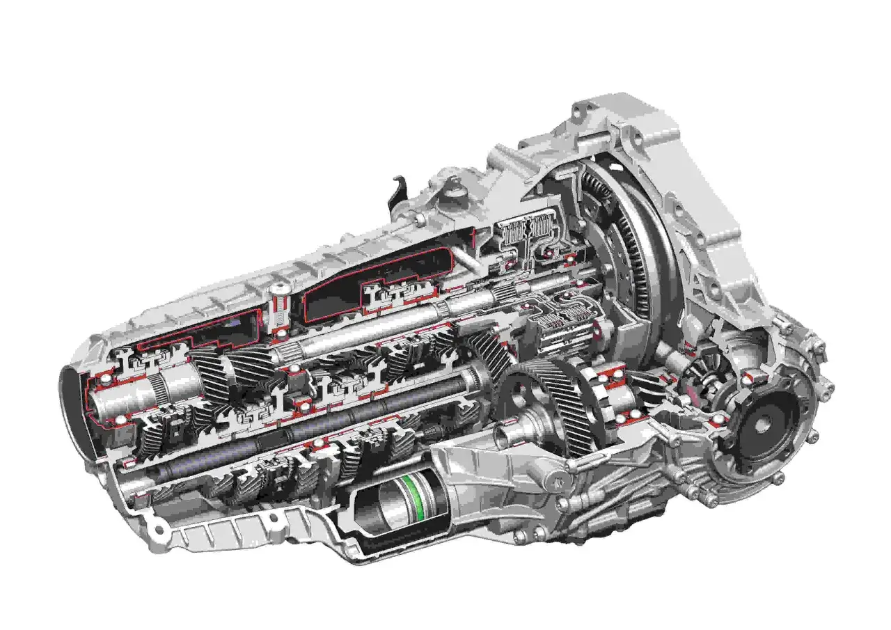 Przekładnia automatyczna s tronic w przekroju, ukazująca złożony mechanizm kół zębatych i elementów hydraulicznych.