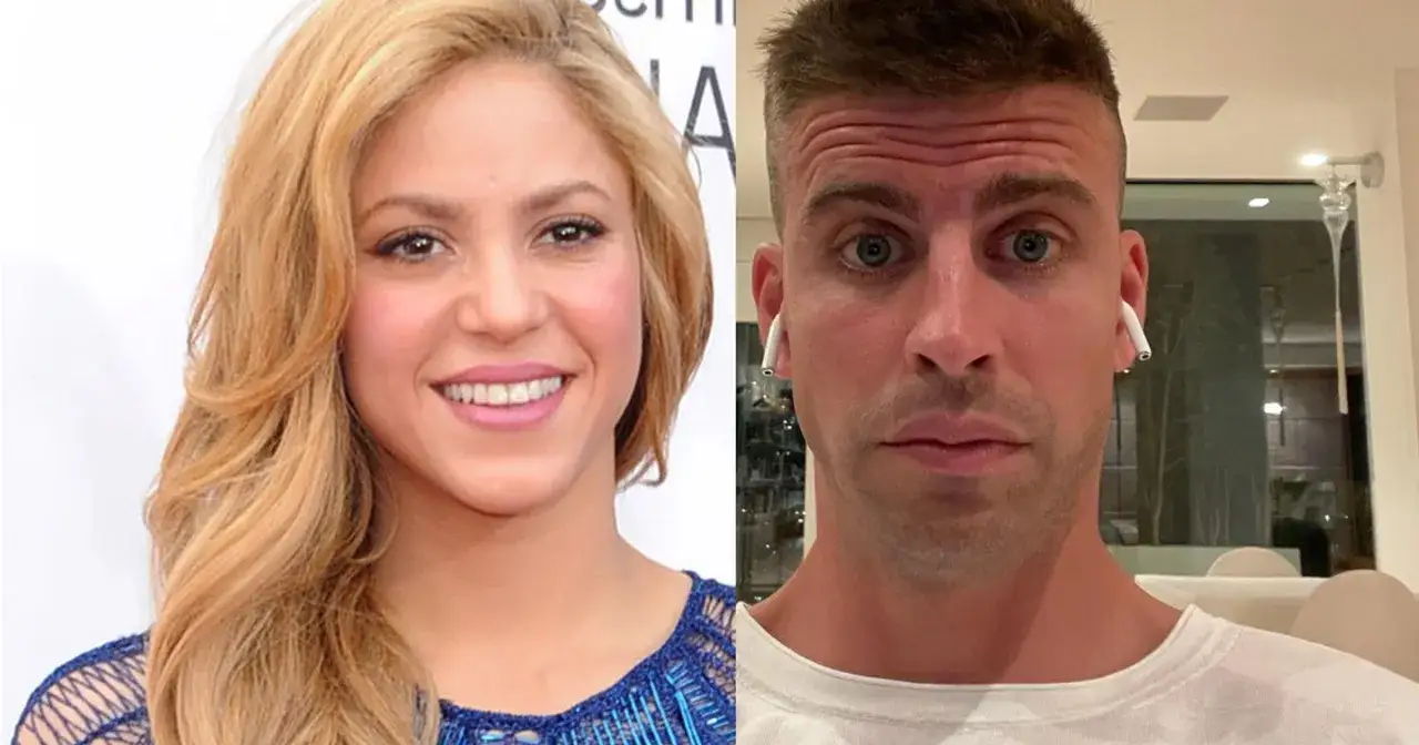 Uśmiechnięta Shakira i zamyślony Piqué, znani z życia publicznego, na podzielonym zdjęciu.
