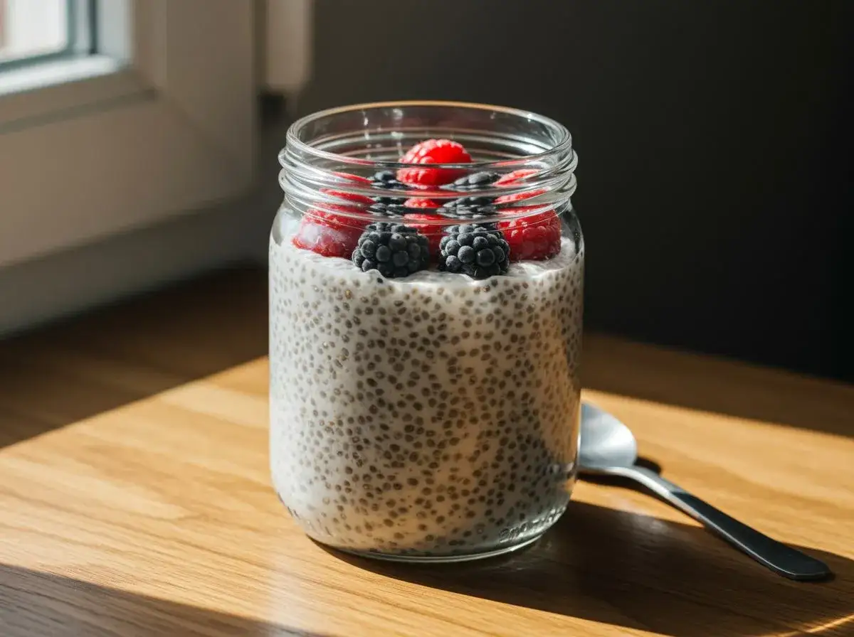Pudding chia z malinami i jeżynami w słoiku. Zastanawiasz się, dlaczego pudding chia nie gęstnieje? Może za mało nasion?