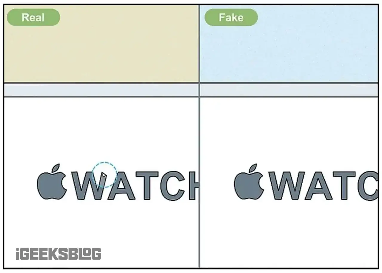 Vergleich: Echtes Apple Watch Logo links, gefälschtes rechts. So kannst du ein Apple Watch Fake erkennen.