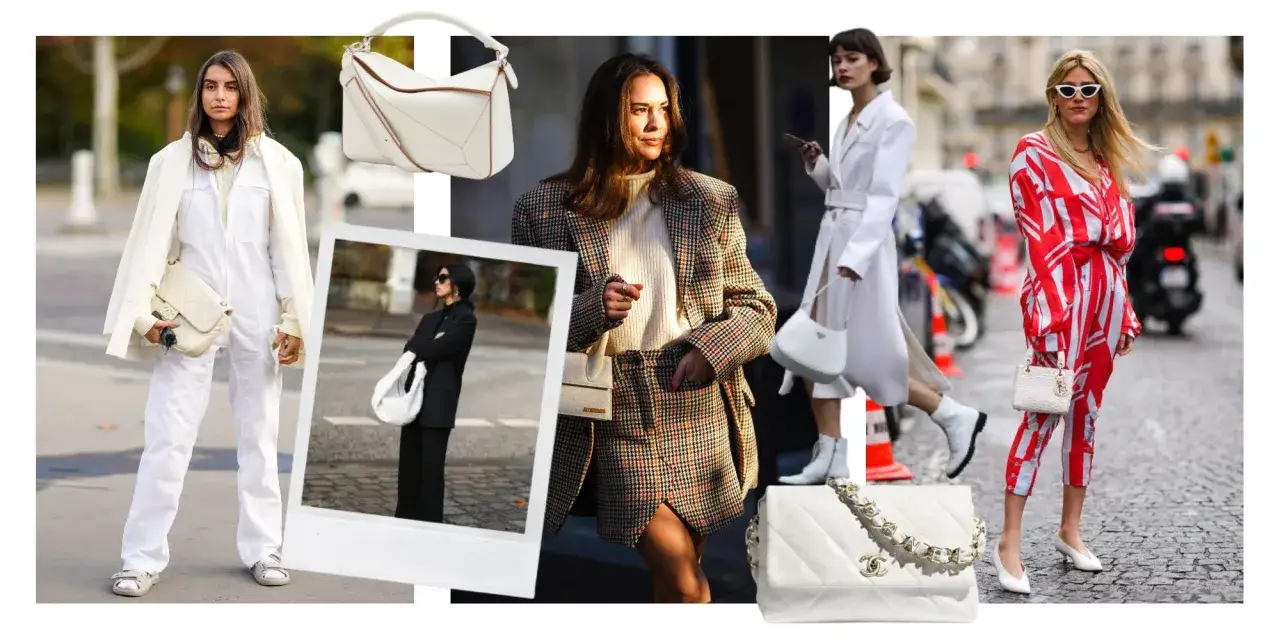 Estilos de moda callejera con looks monocromáticos y estampados vibrantes. Varias mujeres lucen outfits y demuestran cómo combinar bolso blanco con diferentes atuendos.