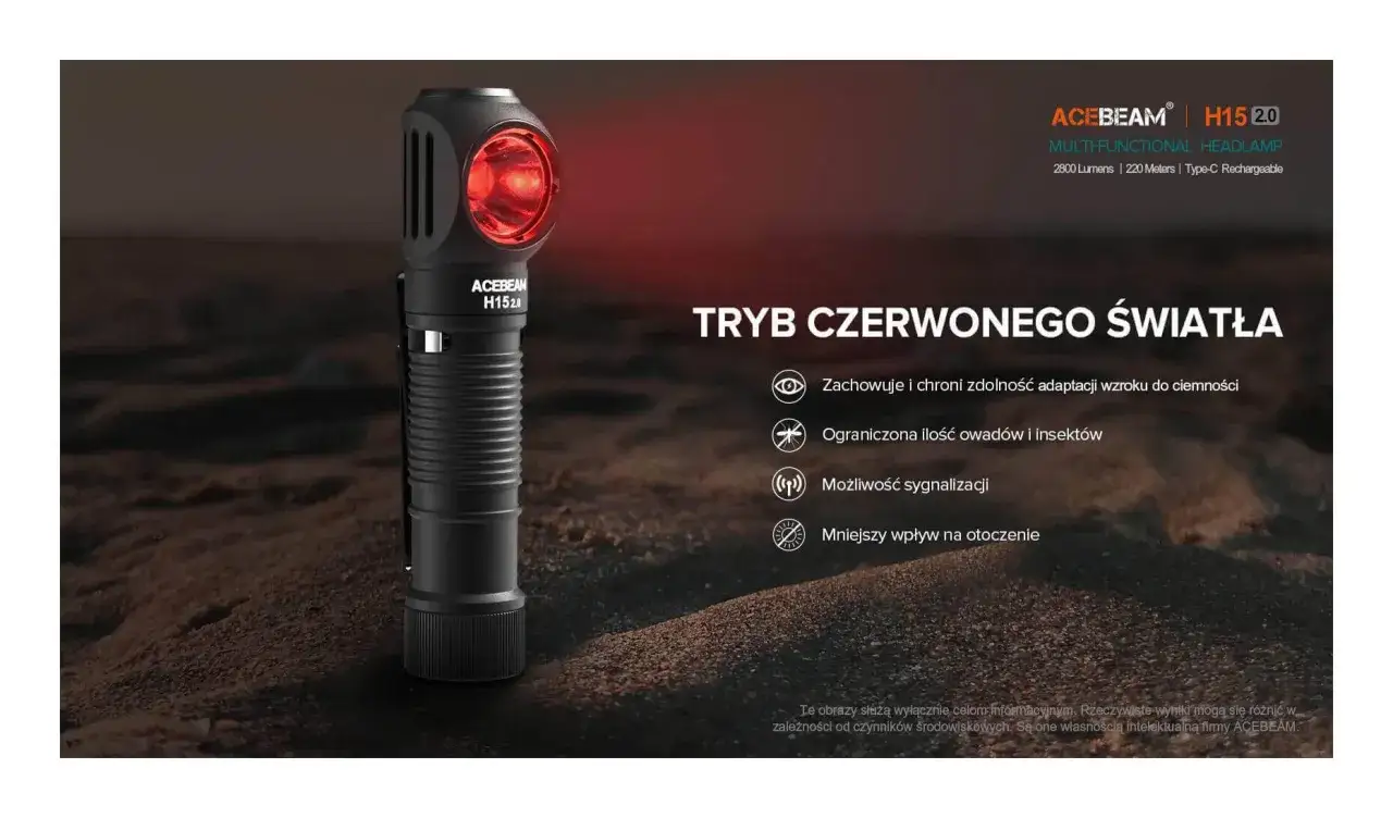 Latarka czołowa ACEBEAM H15 2.0 z czerwonym światłem. Po co czerwone światło w latarce? Chroni wzrok, odstrasza owady, ułatwia sygnalizację.