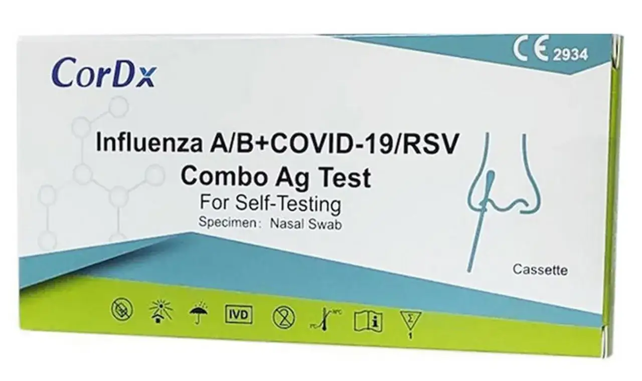 Test combo CorDx na grypę A/B, COVID-19 i RSV do samodzielnego wykonania. Sprawdź, ile kosztuje test combo bez recepty.