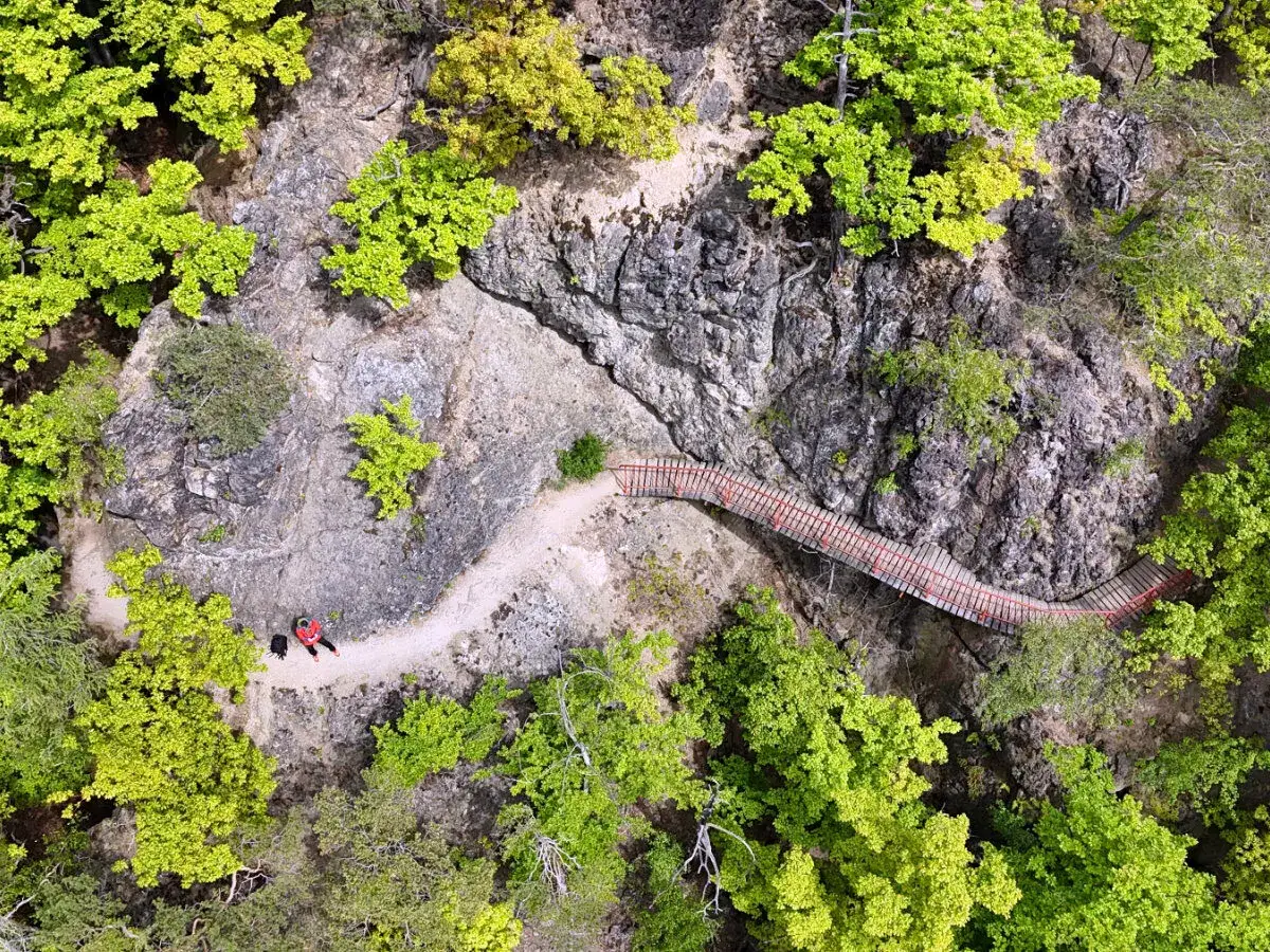 Widok z lotu ptaka na kręty szlak Hochbergów, z drewnianym mostkiem i turystą odpoczywającym na ścieżce wśród zieleni.
