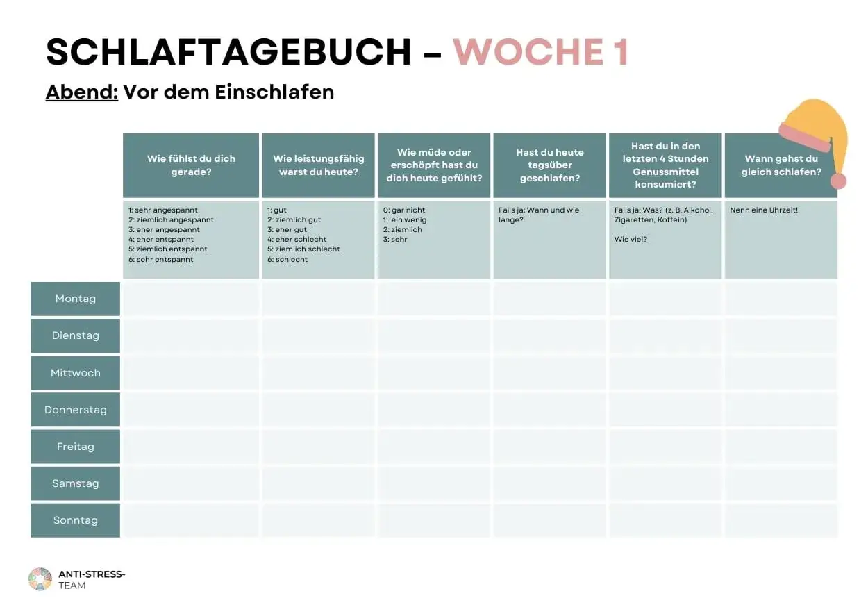 Schlaftagebuch für Menschen, die viel schlafen. Erfasst Gefühle, Leistung, Müdigkeit und Konsum vor dem Einschlafen.