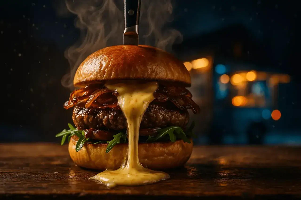 Un d&eacute;licieux burger savoyard d&eacute;goulinant de fromage fondant, avec un couteau plant&eacute; dedans. Vapeur s'&eacute;chappant, ambiance nocturne.