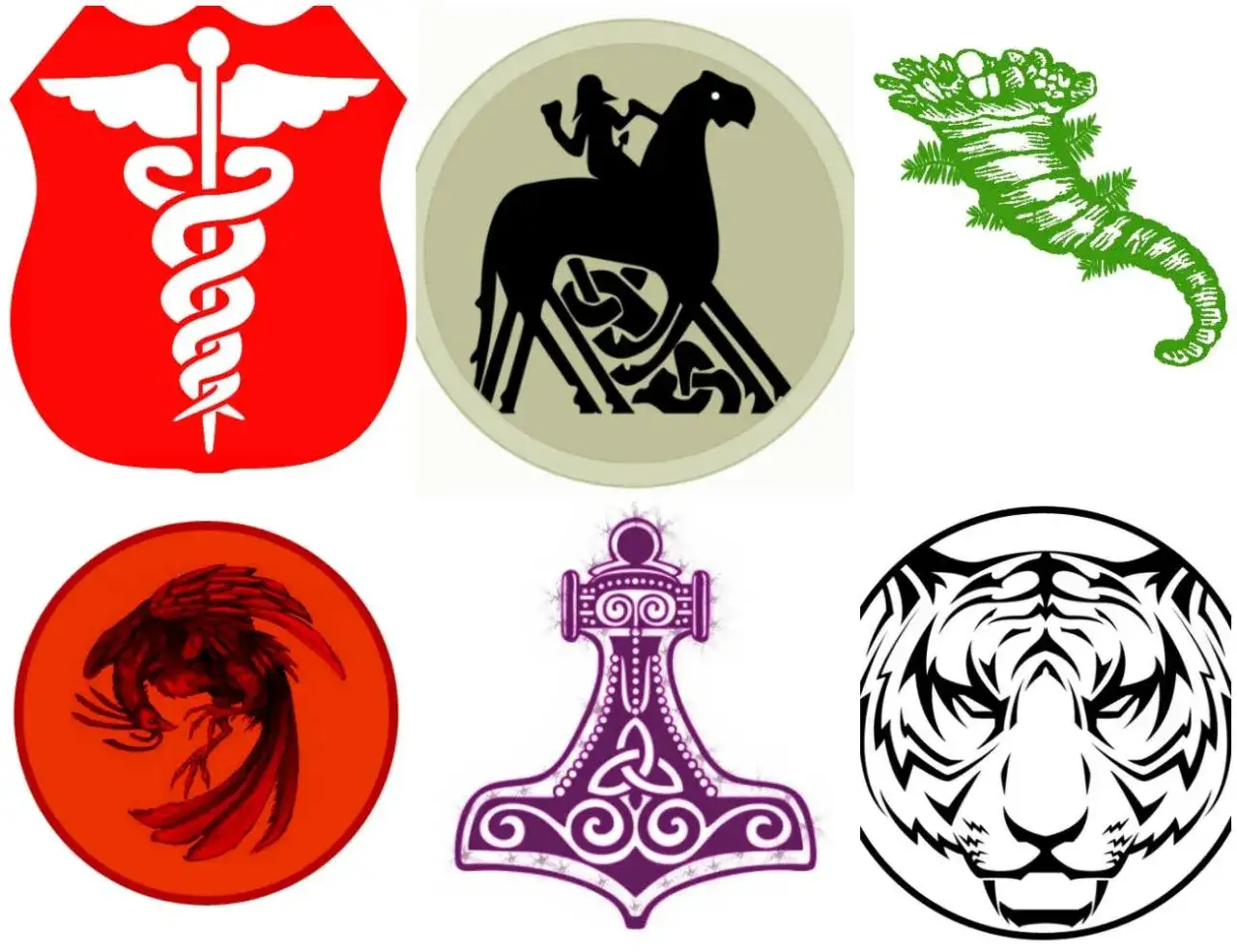 Symboler: r&ouml;d sk&ouml;ld med caduceus, svart silhuett av en ryttare p&aring; en h&auml;st, gr&ouml;n orm, r&ouml;d f&aring;gel, lila hammare, tigertryne. Kanske en gud i mytologin?