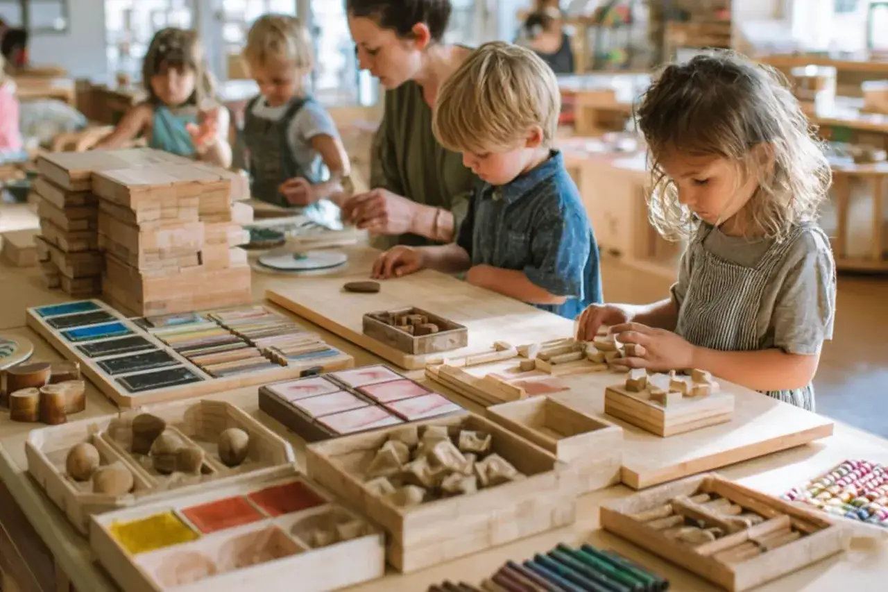 Niños exploran materiales naturales y construyen con bloques de madera, siguiendo el método waldorf.