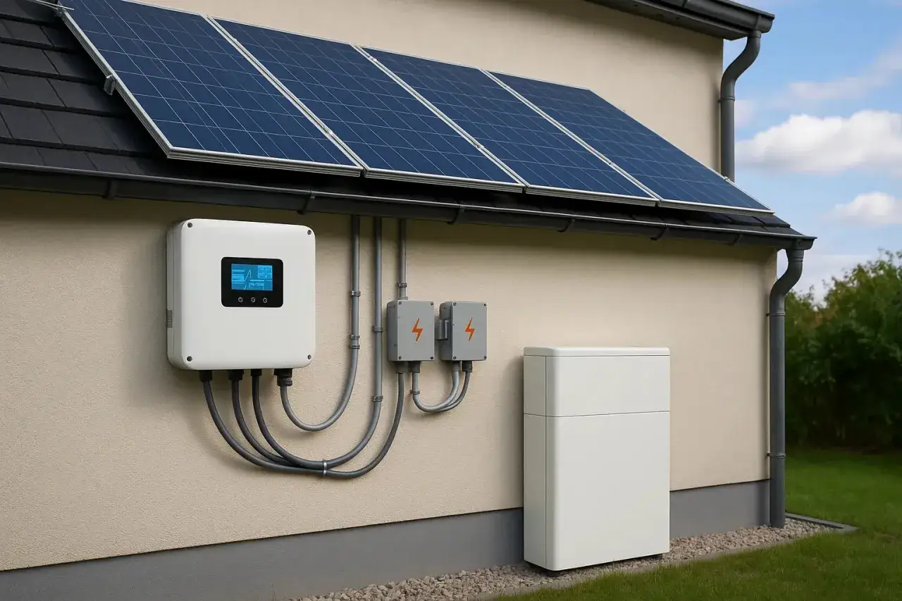 Pannelli solari sul tetto, inverter e batteria per l'indipendenza energetica di una casa.