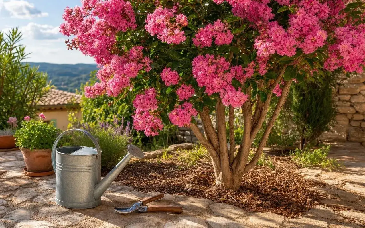 Arrosage d'un lilas des Indes en fleurs roses, avec un arrosoir et un sécateur à proximité.