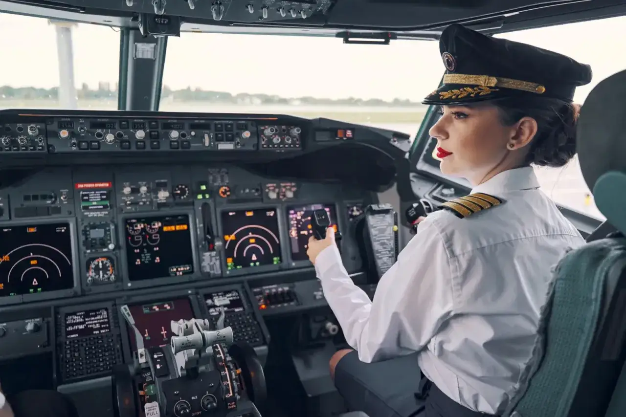 Pilot im Cockpit, bereit f&uuml;r die n&auml;chste Ansage. Sie h&auml;lt den Steuerkn&uuml;ppel, die Instrumente leuchten.