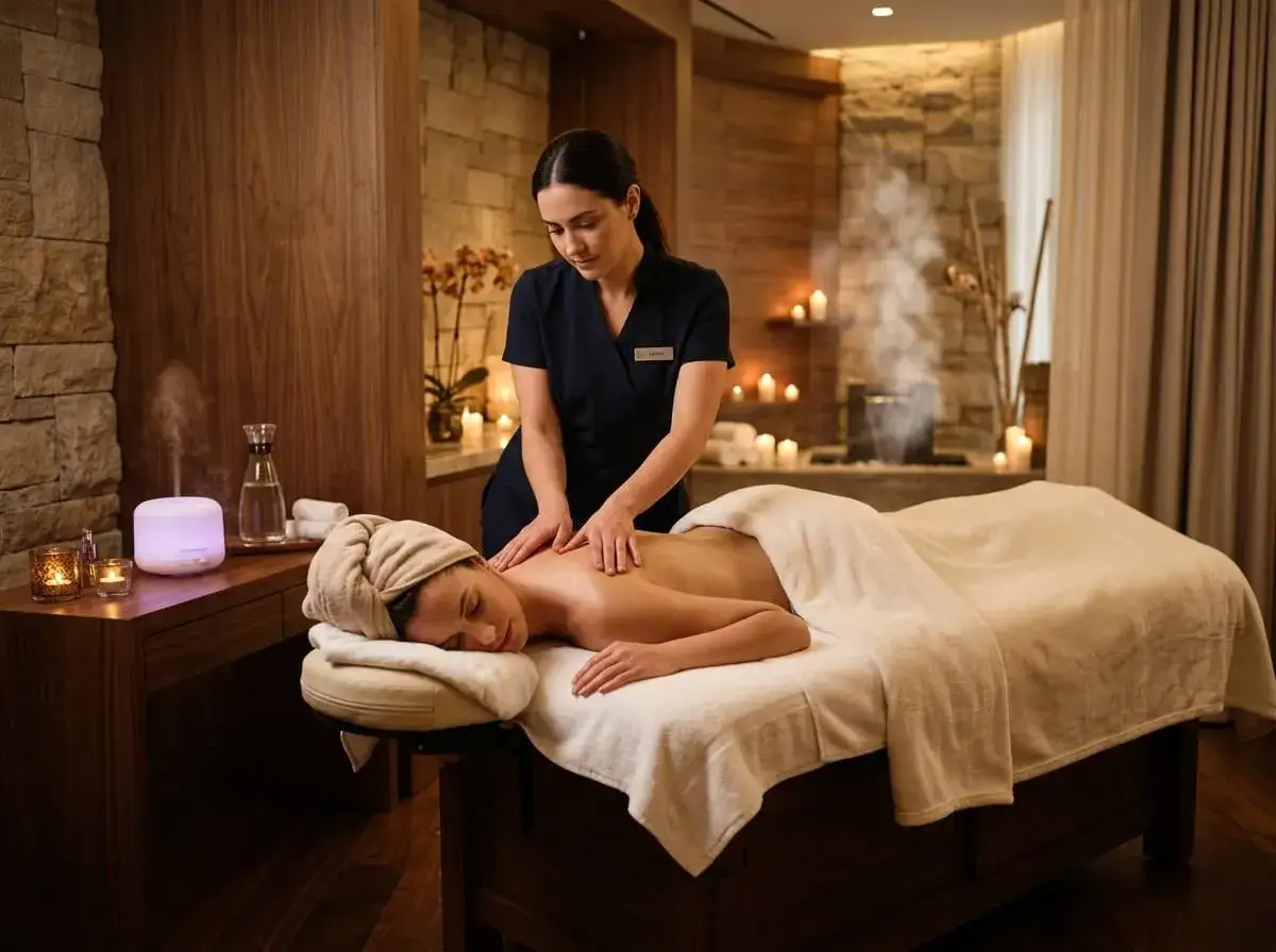Masajista realiza un ritual spa a una mujer en una habitación con velas y vapor.