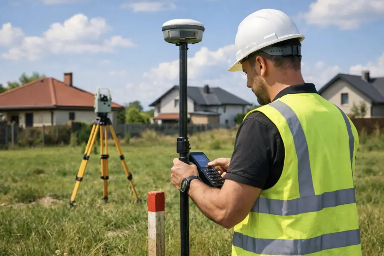 Geodeta w kamizelce odblaskowej sprawdza granice działek za pomocą nowoczesnego sprzętu.
