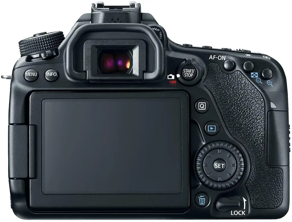 Retro della Canon 80D, con schermo LCD, mirino e pulsanti di controllo. Una recensione completa rivelerà le sue potenzialità.
