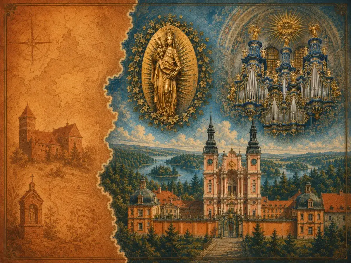 Święta Lipka atrakcje: barokowy klasztor, organy, zamek i kapliczka na tle malowniczego krajobrazu.