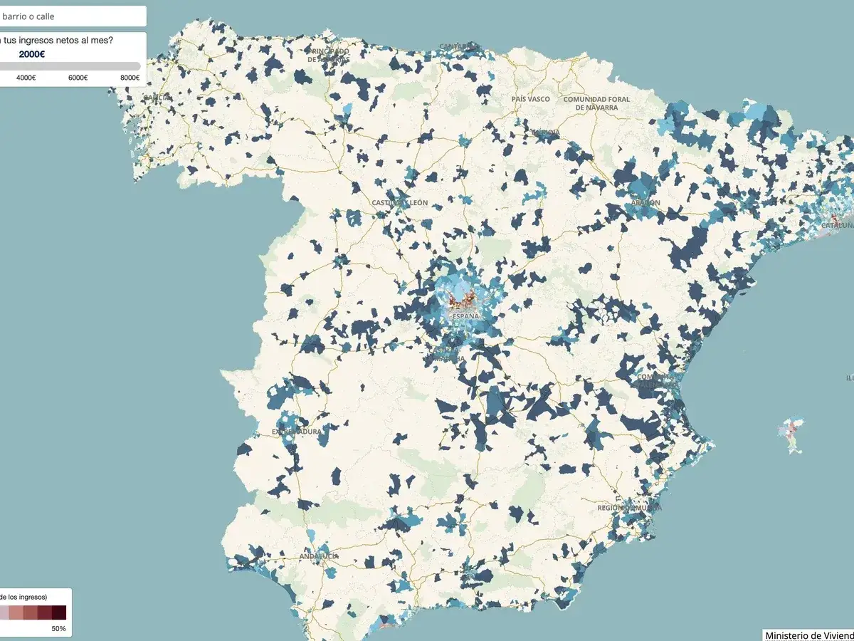 Mapa de España con zonas en azul oscuro y claro, indicando el impacto del decreto de alquileres en los ingresos netos mensuales.