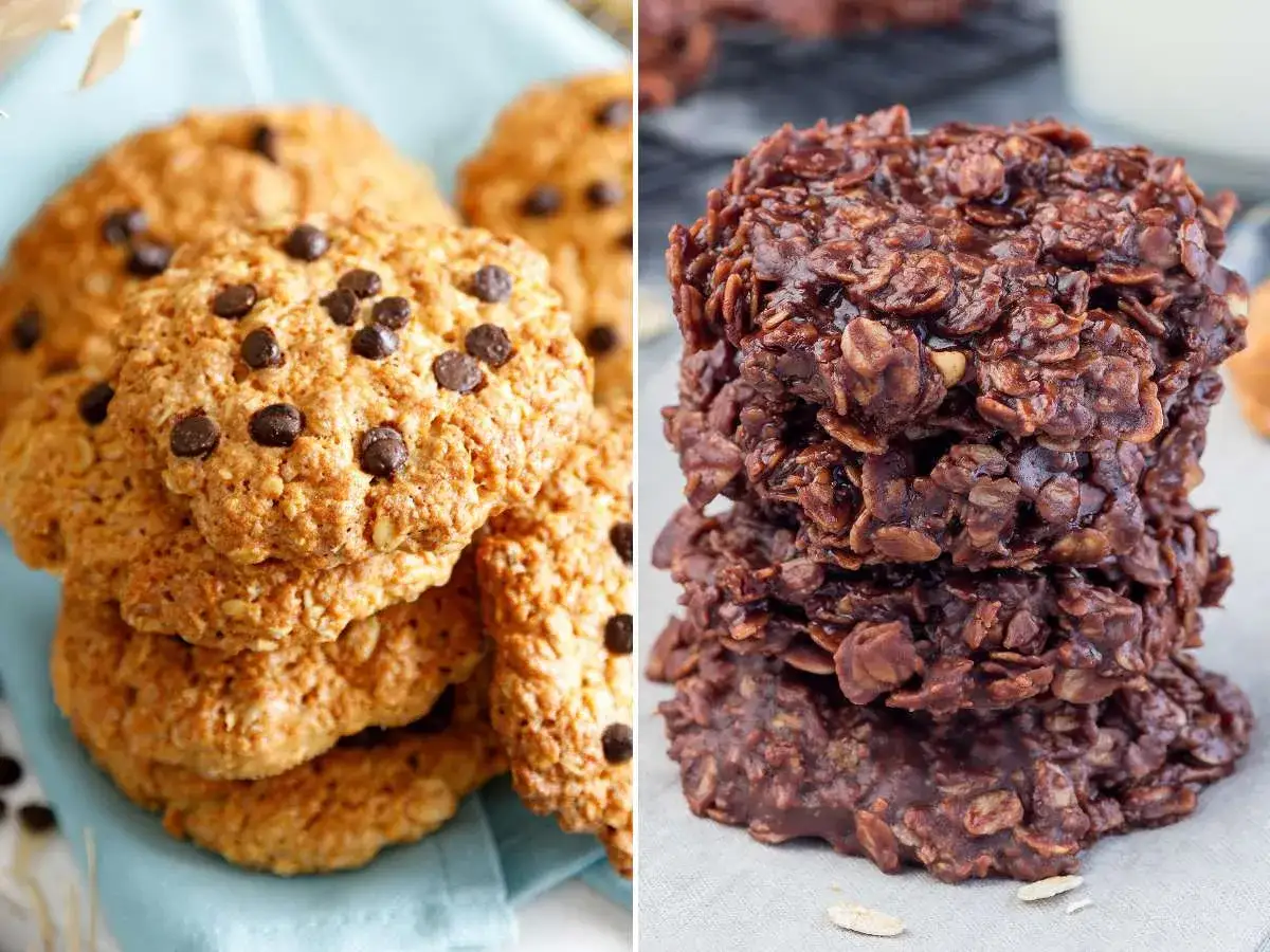 Dos tipos de galletas de avena: unas con chispas de chocolate y otras de chocolate sin hornear.