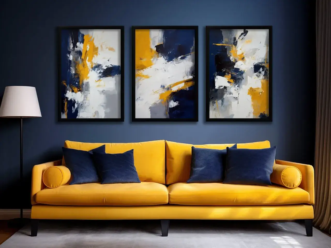Trois tableaux abstraits aux teintes bleu marine, jaune vif et blanc, suspendus au-dessus d'un canapé jaune.