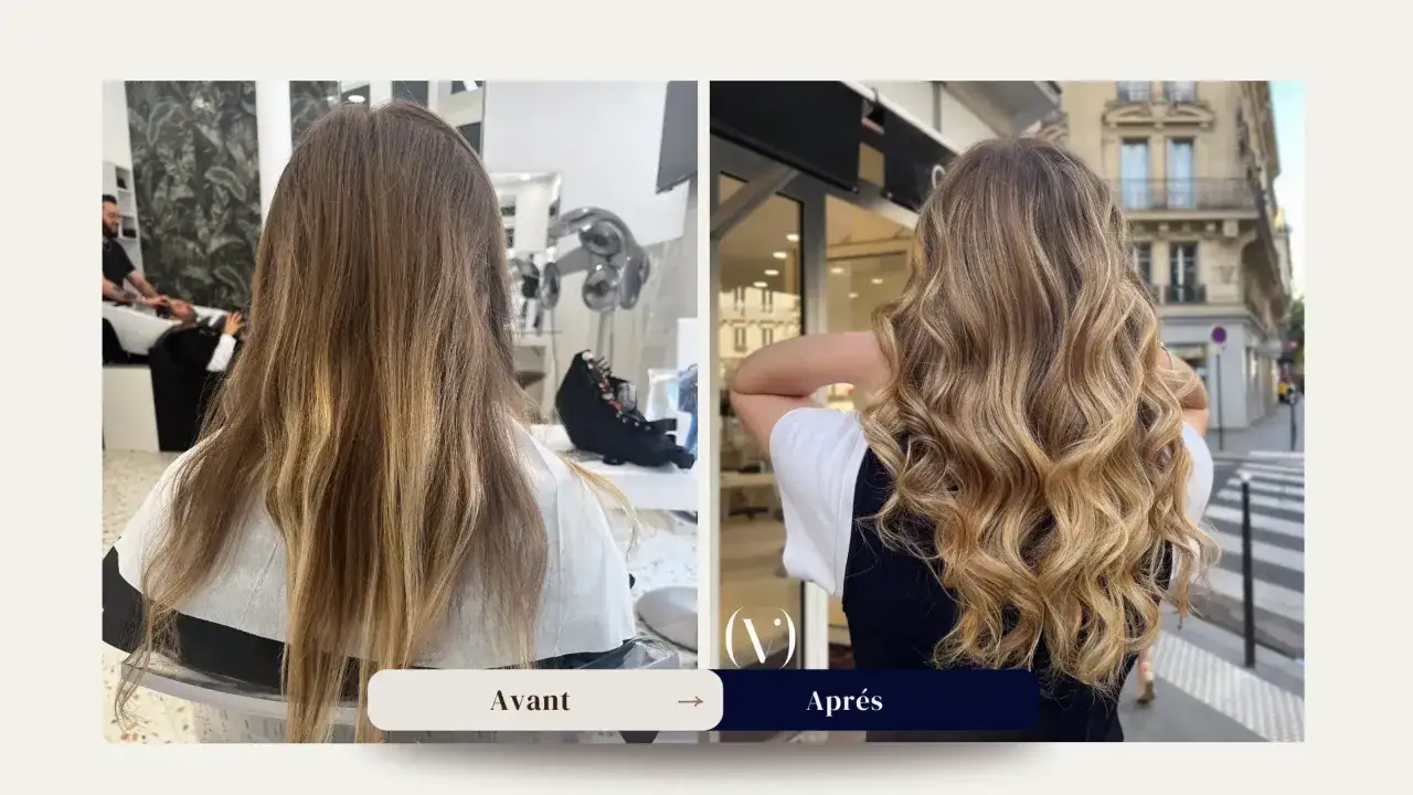 Avant/Apr&egrave;s : une transformation capillaire r&eacute;ussie avec un balayage subtil et une coloration lumineuse.