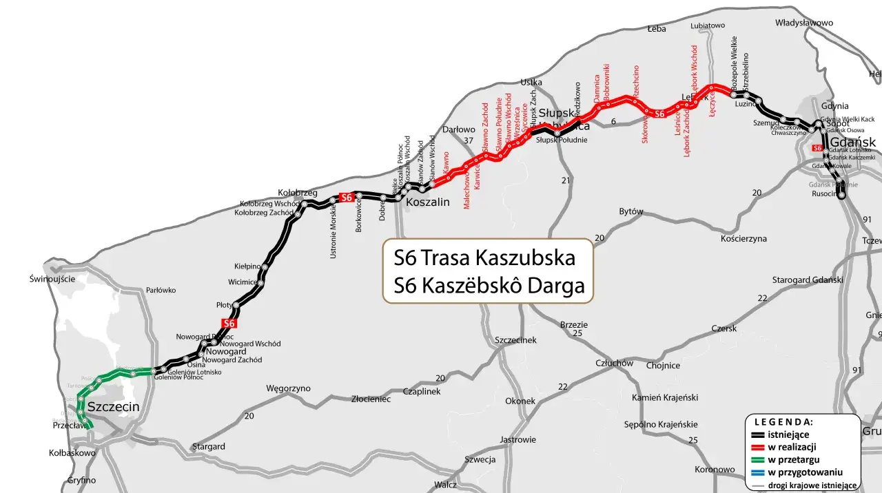 Mapa pokazuje trasę S6, która jest w realizacji i przygotowaniu. S6 Trasa Kaszubska, znana też jako S6 Kaszëbskô Darga, połączy Szczecin z Trójmiastem.