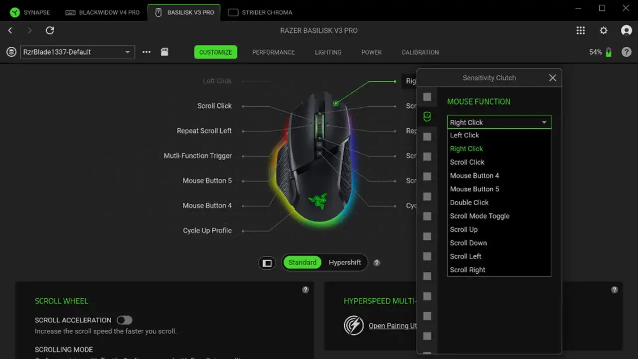Razer Synapse-Oberfläche zur Anpassung der Razer Basilisk V3 Pro Maus. Die rechte Maustaste ist ausgewählt.