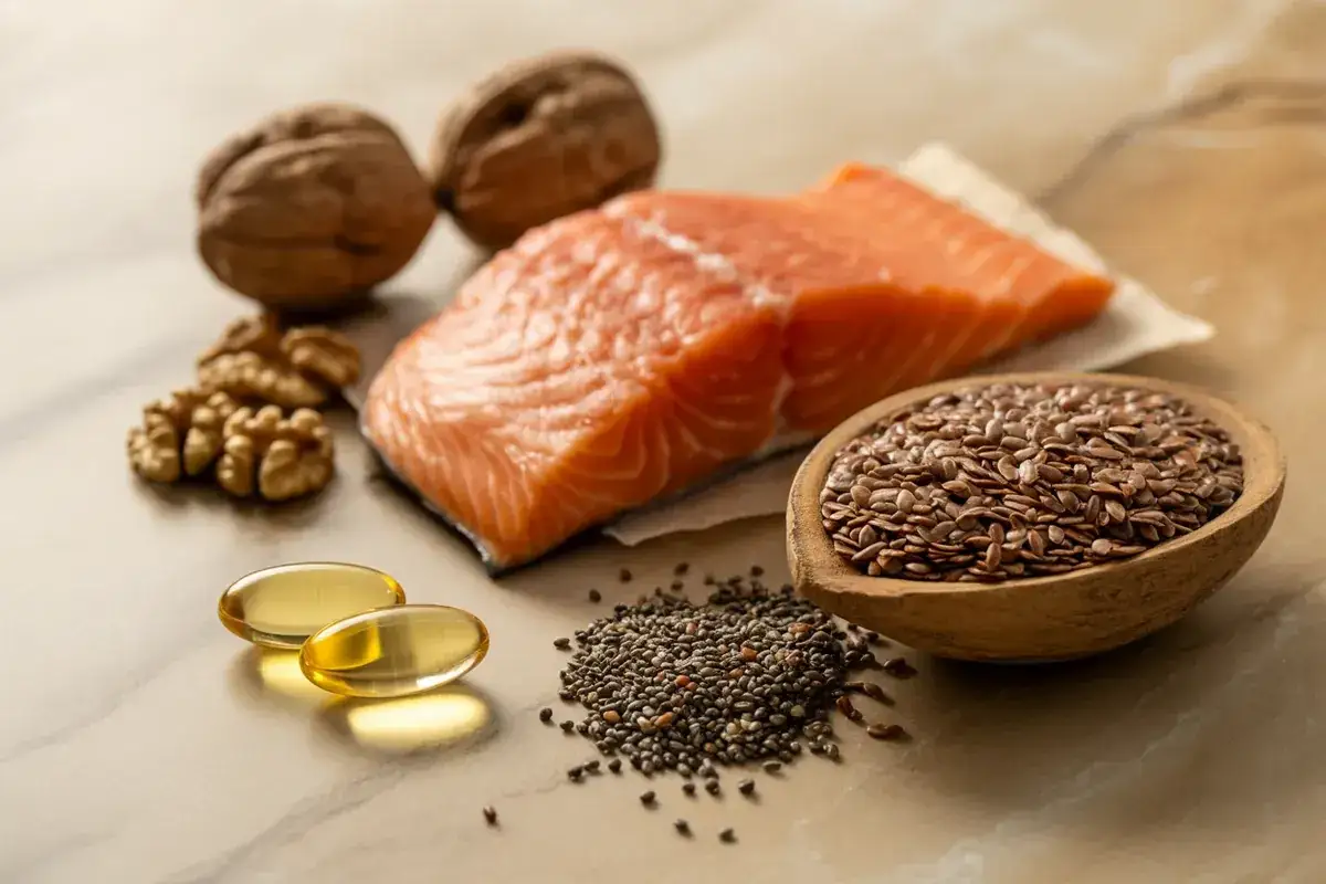 Lachsfilet, Waln&uuml;sse, Leinsamen und Kapseln &ndash; nat&uuml;rliche Quellen f&uuml;r Omega-3-Fetts&auml;uren, die bei Akne helfen k&ouml;nnen.