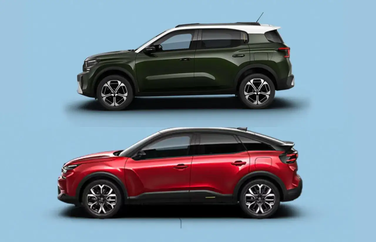 Dwa modele Citroen SUV: zielony z białym dachem i czerwony z czarnym dachem, prezentowane z profilu na jasnoniebieskim tle.