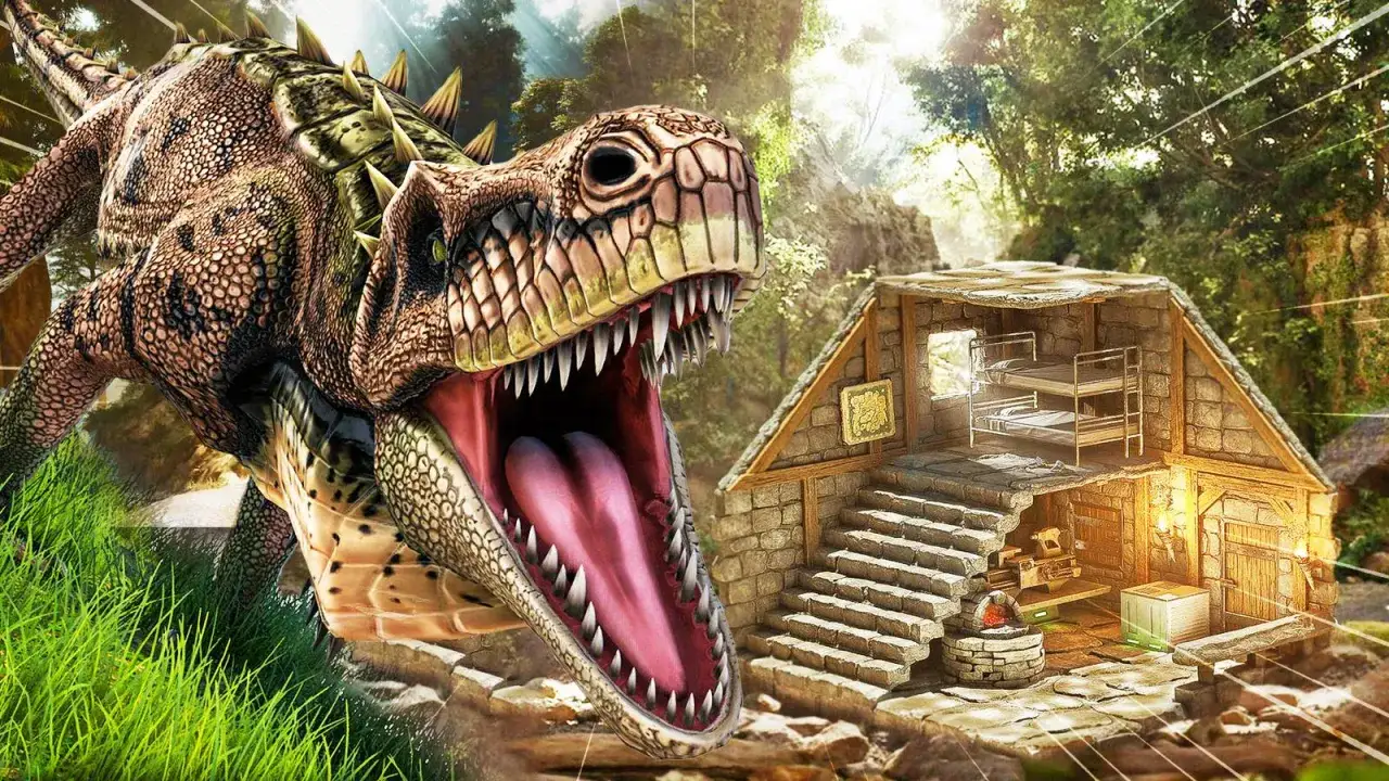 Dinozaur z otwartą paszczą obok kamiennego domu z piętrowym łóżkiem. Sprawdź ark survival evolved wymagania, by przetrwać!