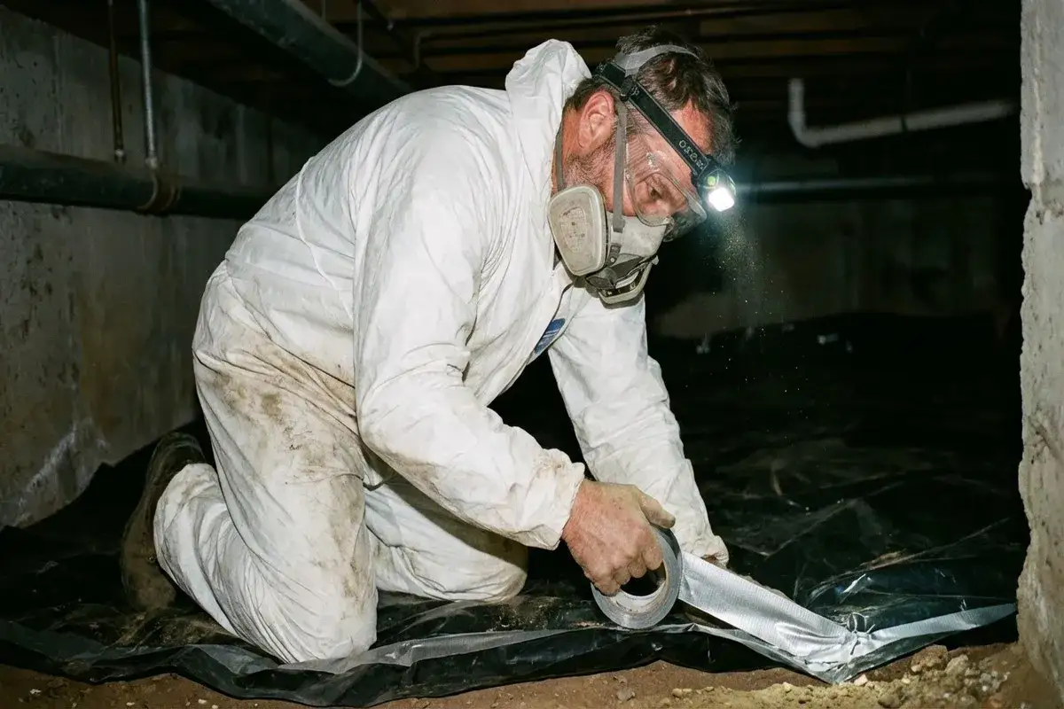 Man i skyddsdräkt tätar plastmatta i krypgrund för att motverka fukt.