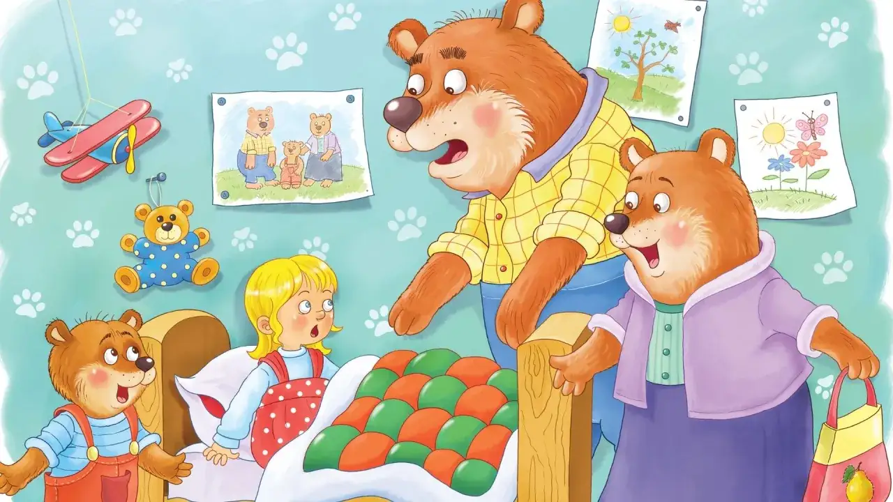 La familia oso sorprende a ricitos de oro en su cama. Hay dibujos de osos y un avi&oacute;n colgados en la pared.