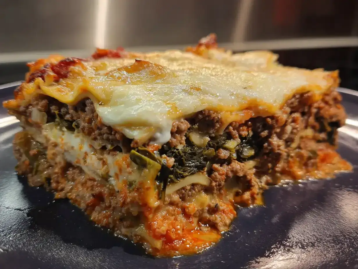 Herzhafte Spinat Lasagne mit Hackfleisch und geschmolzenem K&auml;se auf einem Teller.