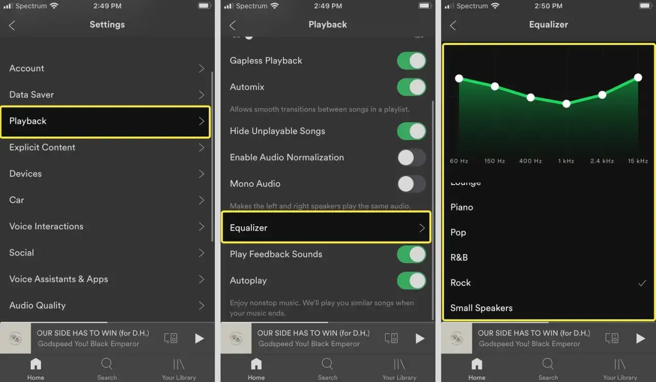 Ustawienia Spotify: odtwarzanie, korektor dźwięku i jakość dźwięku.