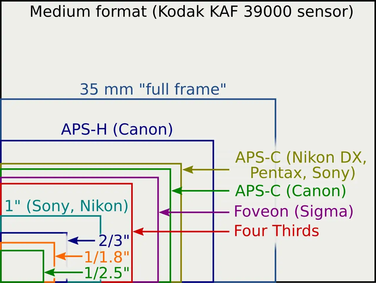 Visual guide to sensor sizes, helping you choose the right camera. From medium format to 1/2.5