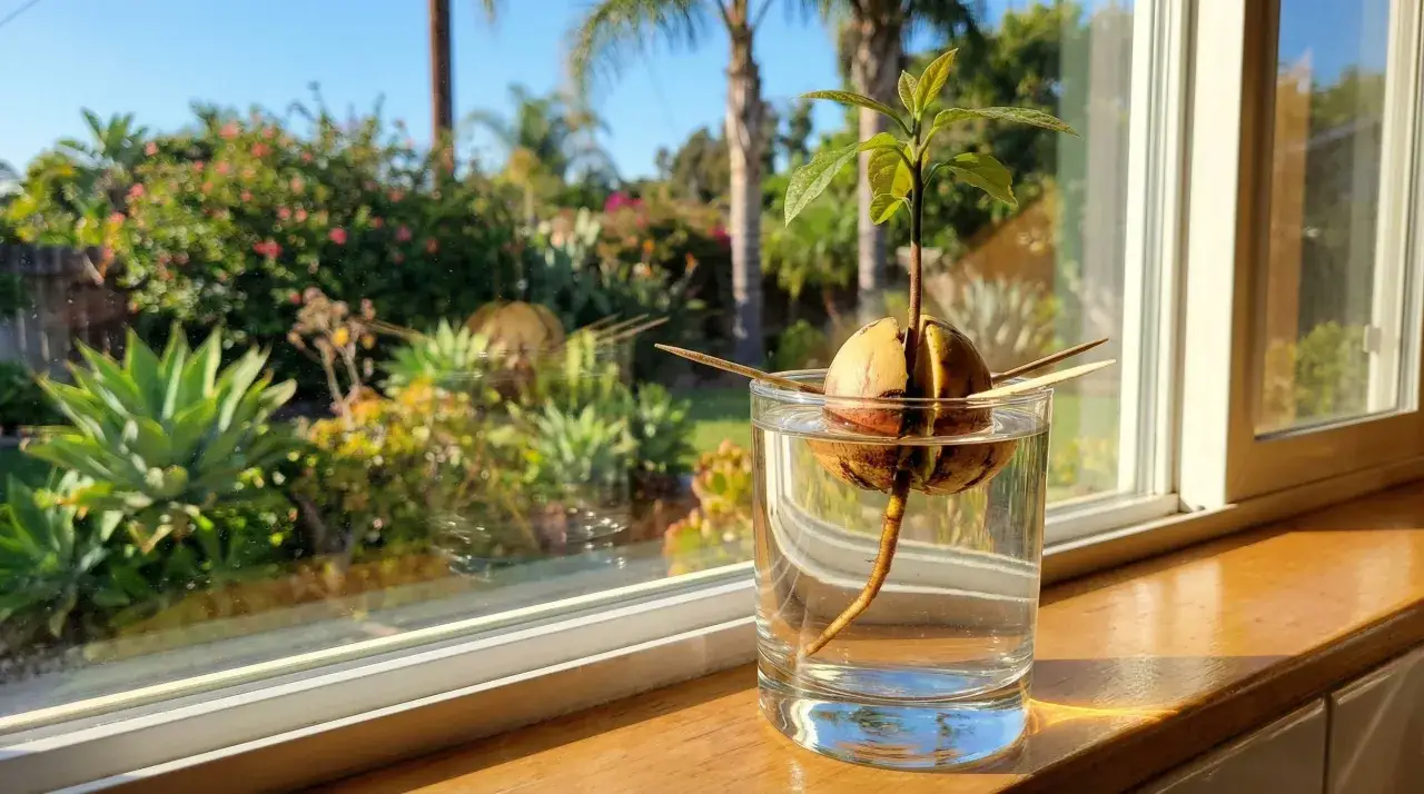 Ein Avocado-Kern mit Wurzel und Trieb w&auml;chst in einem Glas Wasser auf einem Fensterbrett. Drau&szlig;en bl&uuml;ht ein Garten.
