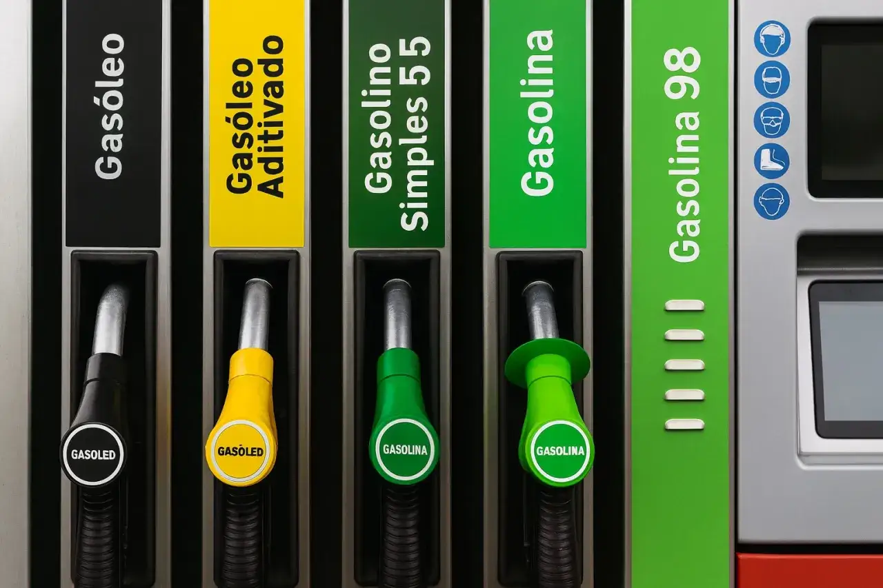 Zapfen für verschiedene Kraftstoffe an einer Tankstelle in Portugal. Der Dieselpreis ist hier aufgeführt.