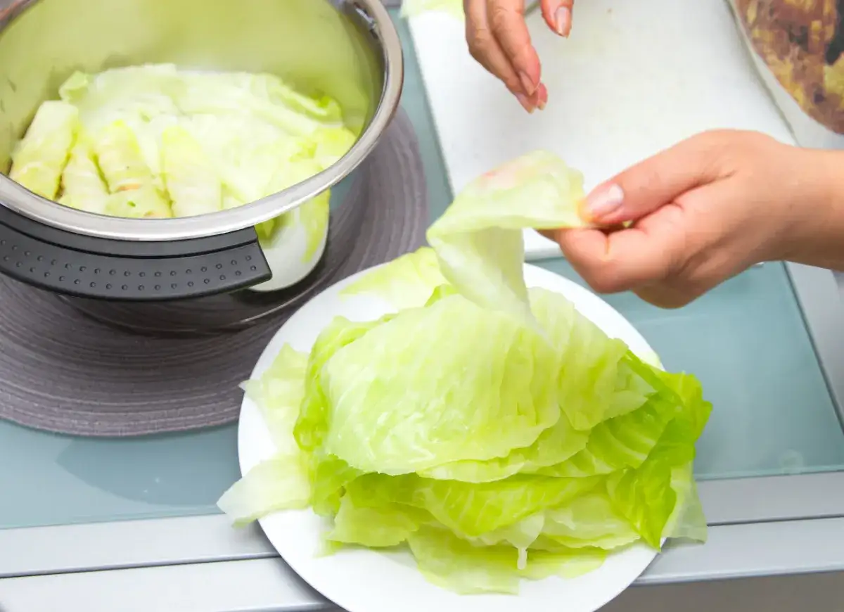 Przygotowanie liści kapusty do gołąbków. Miękkie liście kapusty na talerzu, gotowe do zawijania farszu.