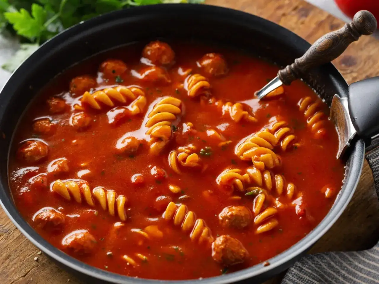 Gorący sos potrawkowy z kluskami fusilli i pulpecikami w głębokiej patelni, gotowy do podania.