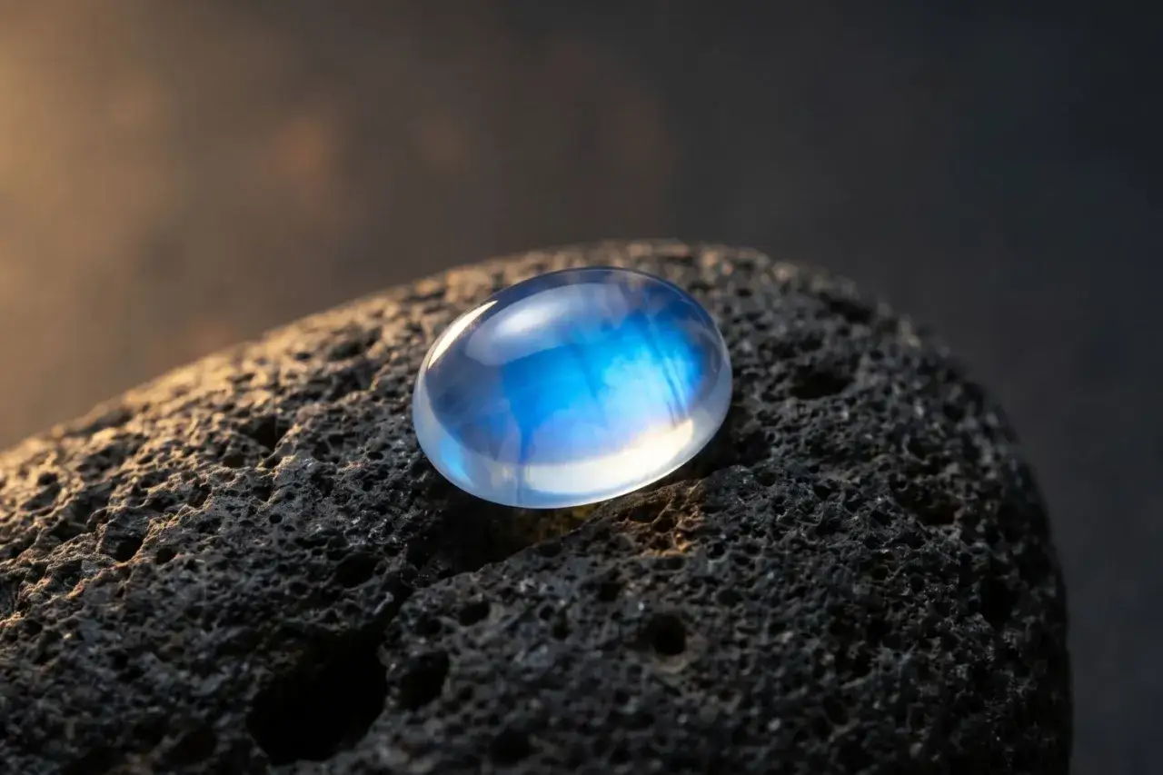 Piedra luna ovalada con destellos azules y blancos, reposando sobre una roca volcánica oscura.